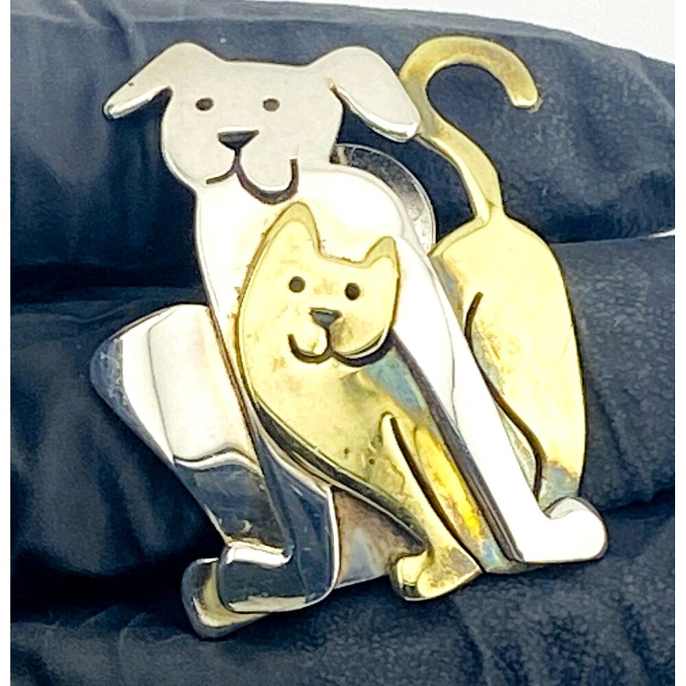 Far Fetched Adorable Dog and Cat Mixed Metals Brooch Pin Signed Sterling Silver